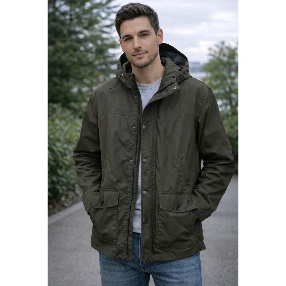 Gap Mens Hooded Field Jacket Large Gray Full Zip Snap Front Utility Coat